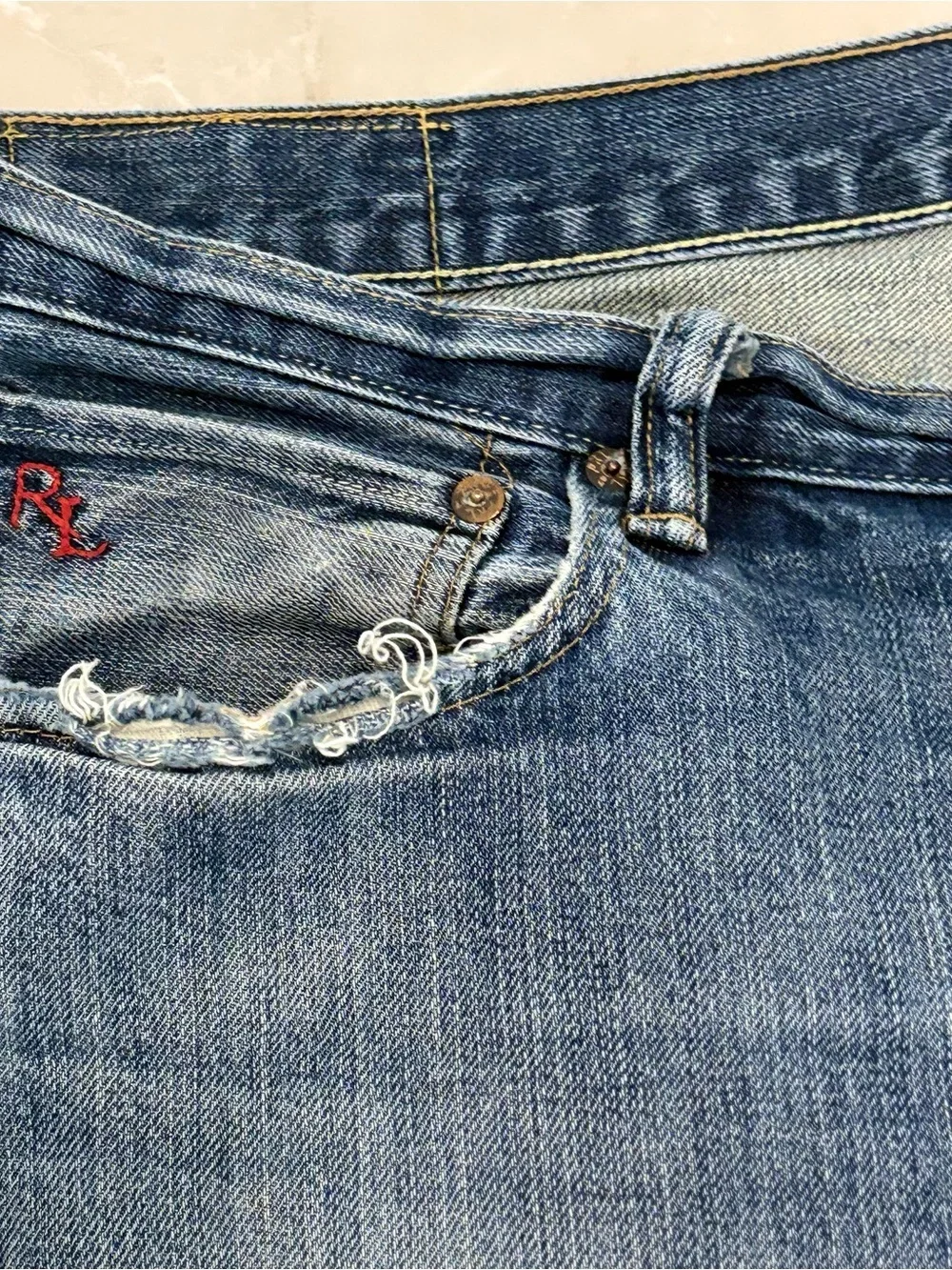 Polo Ralph Lauren Men's Vintage 867 Distressed Straight Leg Blue Jeans 40 x 30